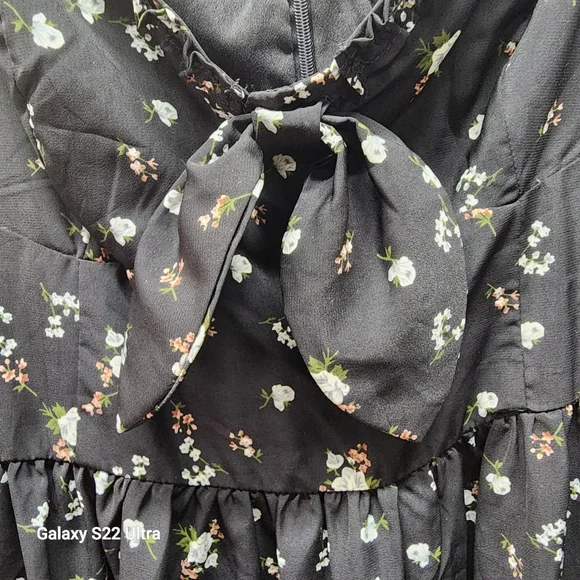 Lulus Cottagecore Black Floral Tie-Front Mini Dress – Size L Boho Romantic Cute - Picture 6 of 13
